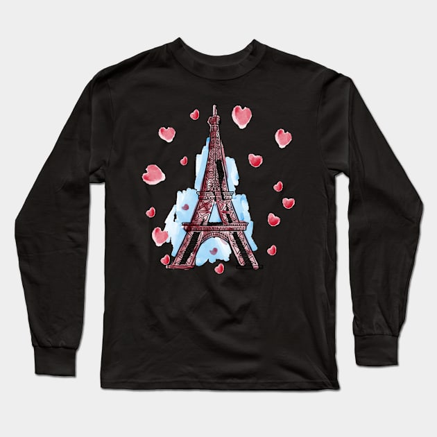 Paris Eiffel Tower France Heart Design Long Sleeve T-Shirt by FilsonDesigns